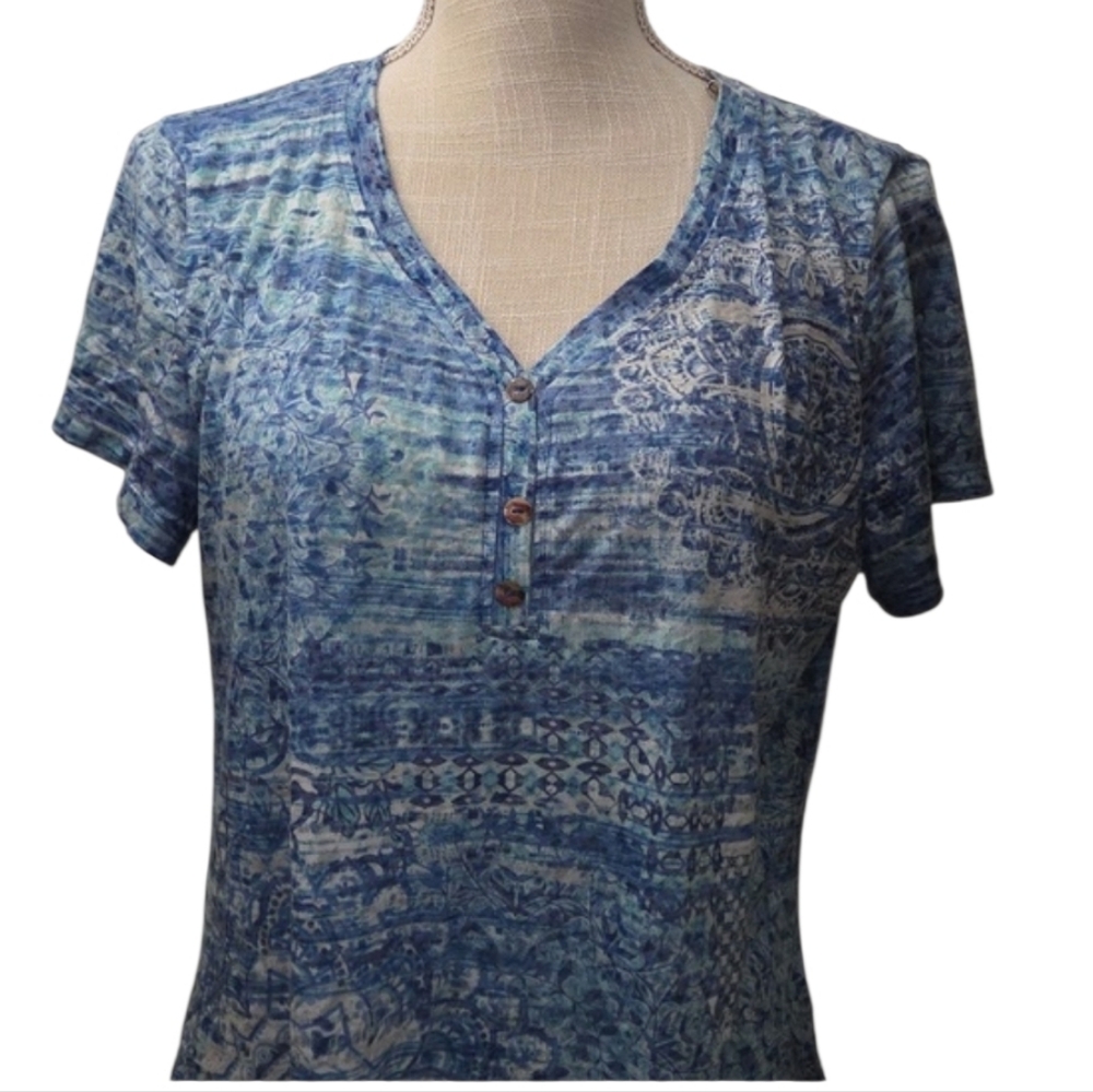 ONE WORLD Blue Abstract Short Sleeve Top - Picture 2 of 3